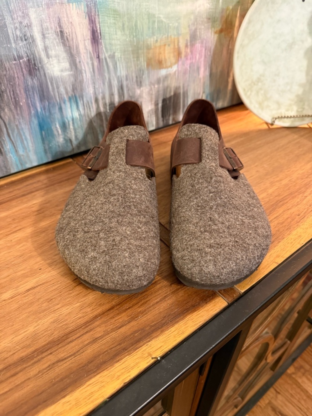 New Birkenstock London Men's Brown Wool and Leather Buckle Slip-Ons, Size 42